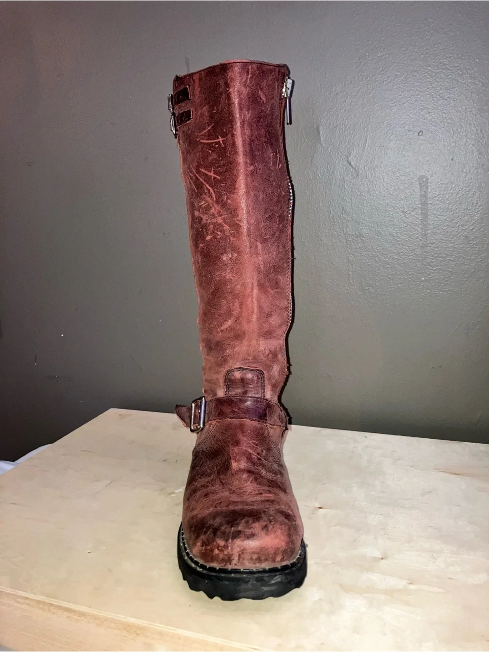 John Fluevog Bond Girl Tall Buckle Boots — Wine